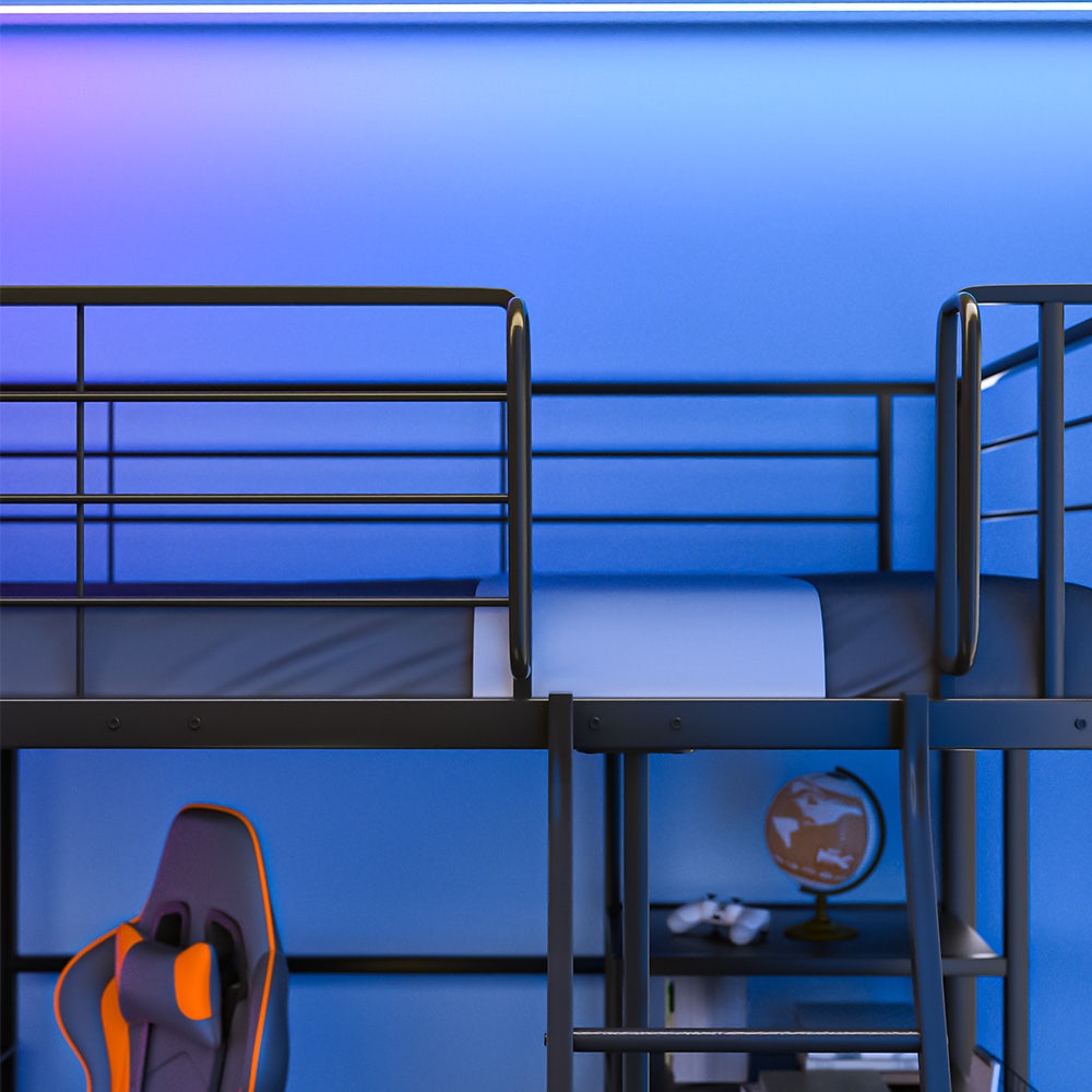 Gaming Loft Bed with Desk and Storage Cabinet, Steel Metal Frame, Space Saving Design, for Single Mattress, V219-BEDSBBKSL6GA