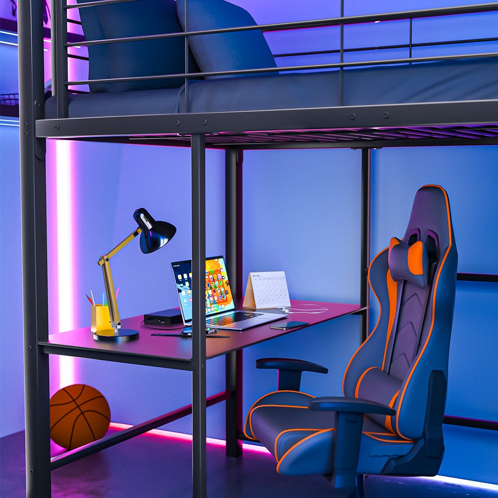 Gaming Loft Bed with Desk and Storage Cabinet, Steel Metal Frame, Space Saving Design, for Single Mattress, V219-BEDSBBKSL6GA