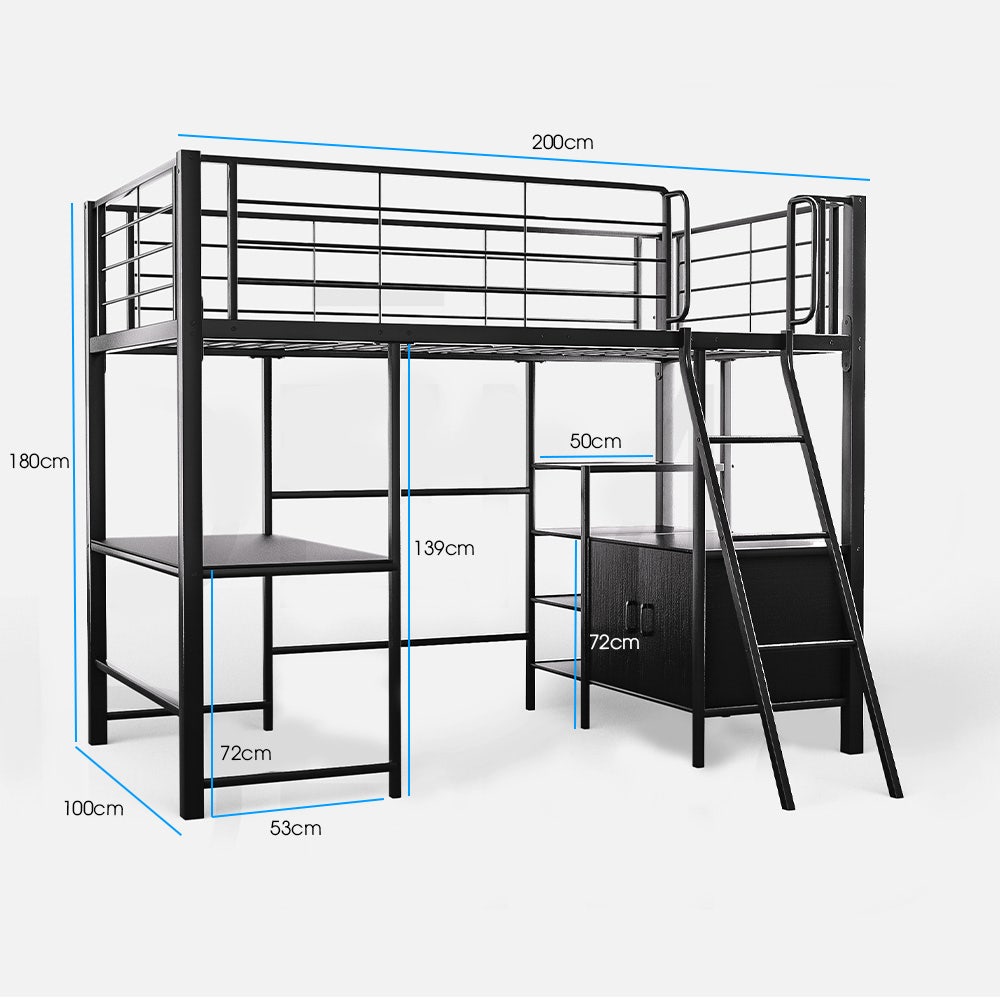 Gaming Loft Bed with Desk and Storage Cabinet, Steel Metal Frame, Space Saving Design, for Single Mattress, V219-BEDSBBKSL6GA