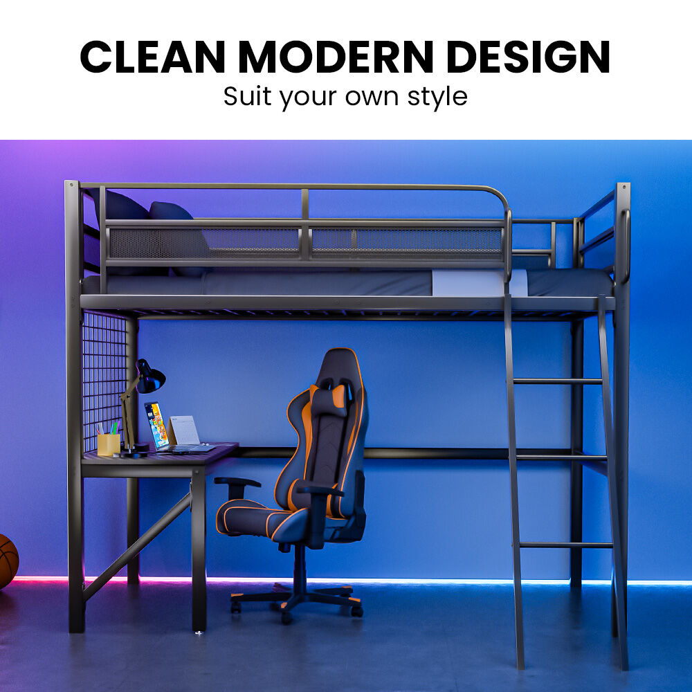 Gaming Loft Bed with Desk, Gridwall, Steel Metal Frame, Space Saving Design, for Single Mattress, Matte Dark V219-BEDSBBKSL9GA
