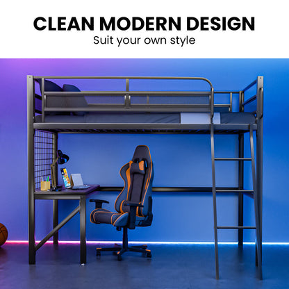 Gaming Loft Bed with Desk, Gridwall, Steel Metal Frame, Space Saving Design, for Single Mattress, Matte Dark V219-BEDSBBKSL9GA