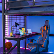 Gaming Loft Bed with Desk, Gridwall, Steel Metal Frame, Space Saving Design, for Single Mattress, Matte Dark V219-BEDSBBKSL9GA