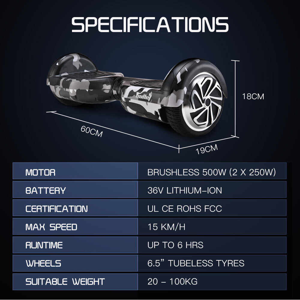 BULLET Gen III Hoverboard Scooter, Dual Copper Motors, UL Certified, AU Compliant, 6.5" Wheels, Superior Self V219-BLHSTY01A