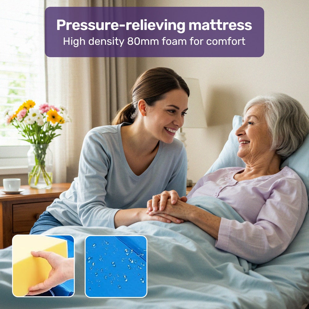 EQUIPMED Electric 8 Function Medical Bed , w/ Mattress & Over Bed Table, Adjustable Back and Leg Lifting, V219-BNSADBEQE07A