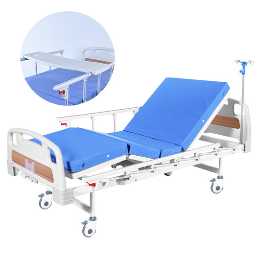 EQUIPMED 4 Function Medical Bed, w/ Mattress & Over Bed Table, Easy Manual Adjustable Back and Leg Incline, V219-BNSADBEQM03A