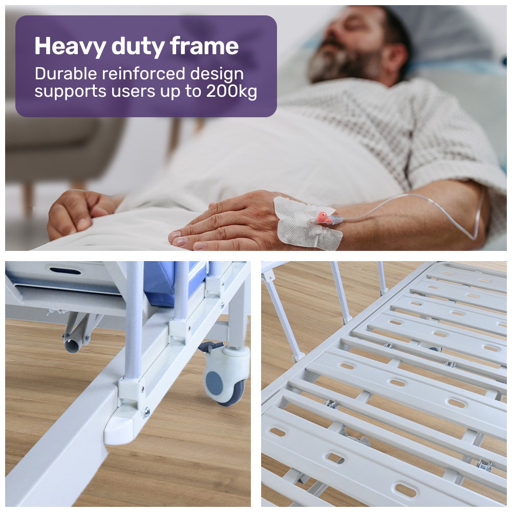 EQUIPMED 4 Function Medical Bed, w/ Mattress & Over Bed Table, Easy Manual Adjustable Back and Leg Incline, V219-BNSADBEQM03A