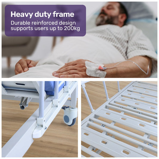 EQUIPMED 4 Function Medical Bed, w/ Mattress & Over Bed Table, Easy Manual Adjustable Back and Leg Incline, V219-BNSADBEQM03A
