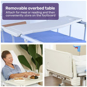 EQUIPMED 4 Function Medical Bed, w/ Mattress & Over Bed Table, Easy Manual Adjustable Back and Leg Incline, V219-BNSADBEQM03A