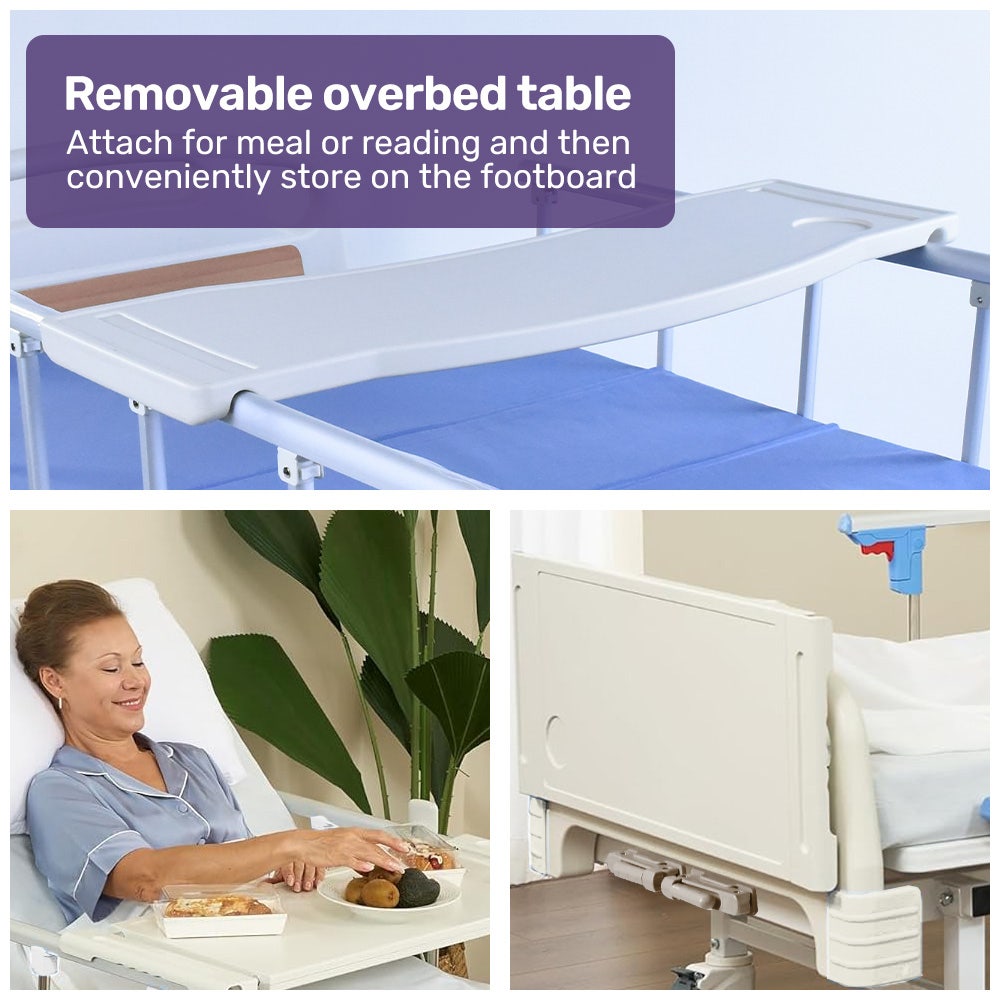 EQUIPMED 4 Function Medical Bed, w/ Mattress & Over Bed Table, Easy Manual Adjustable Back and Leg Incline, V219-BNSADBEQM03A