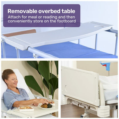 EQUIPMED 4 Function Medical Bed, w/ Mattress & Over Bed Table, Easy Manual Adjustable Back and Leg Incline, V219-BNSADBEQM03A