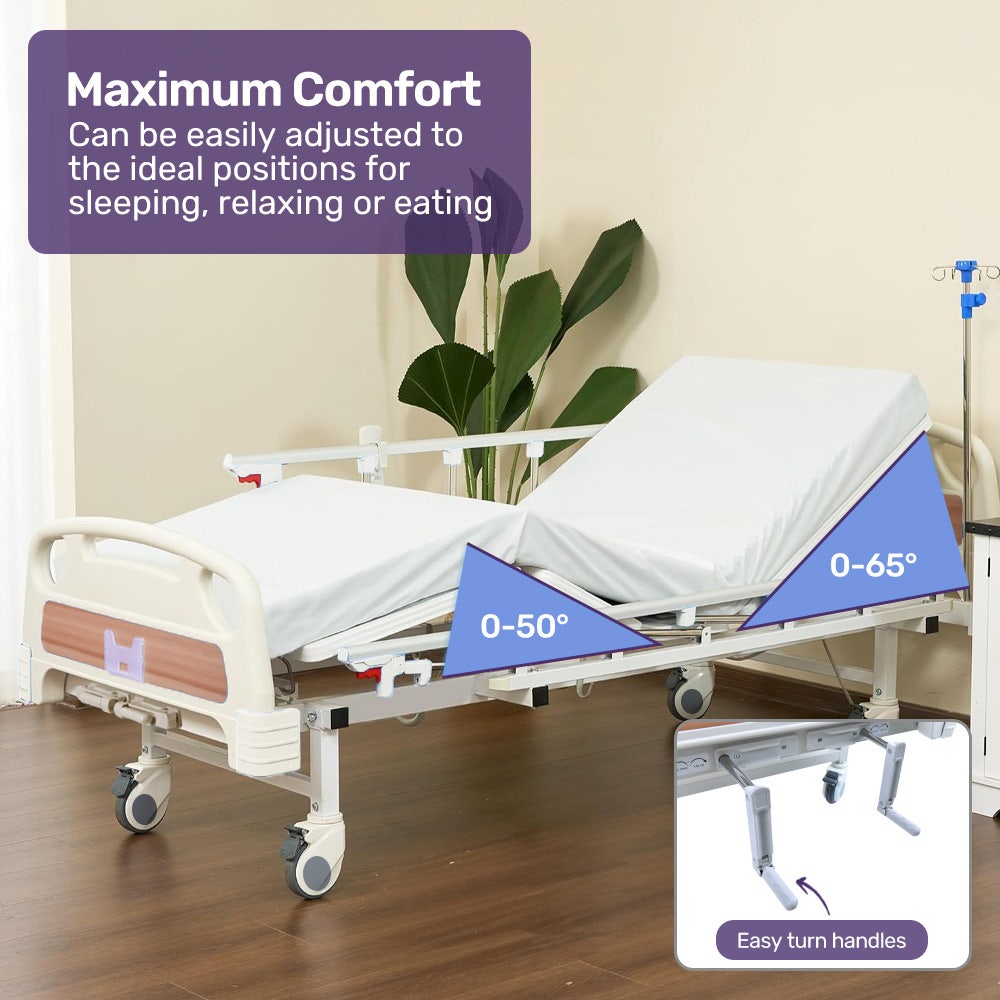 EQUIPMED 4 Function Medical Bed, w/ Mattress & Over Bed Table, Easy Manual Adjustable Back and Leg Incline, V219-BNSADBEQM03A