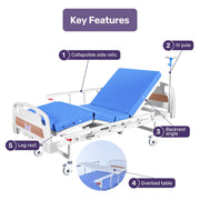 EQUIPMED 4 Function Medical Bed, w/ Mattress & Over Bed Table, Easy Manual Adjustable Back and Leg Incline, V219-BNSADBEQM03A