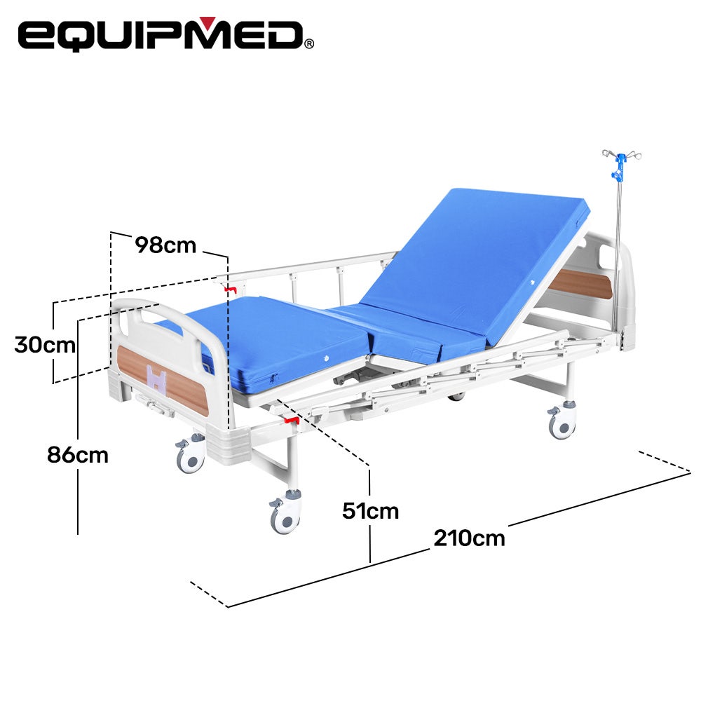 EQUIPMED 4 Function Medical Bed, w/ Mattress & Over Bed Table, Easy Manual Adjustable Back and Leg Incline, V219-BNSADBEQM03A