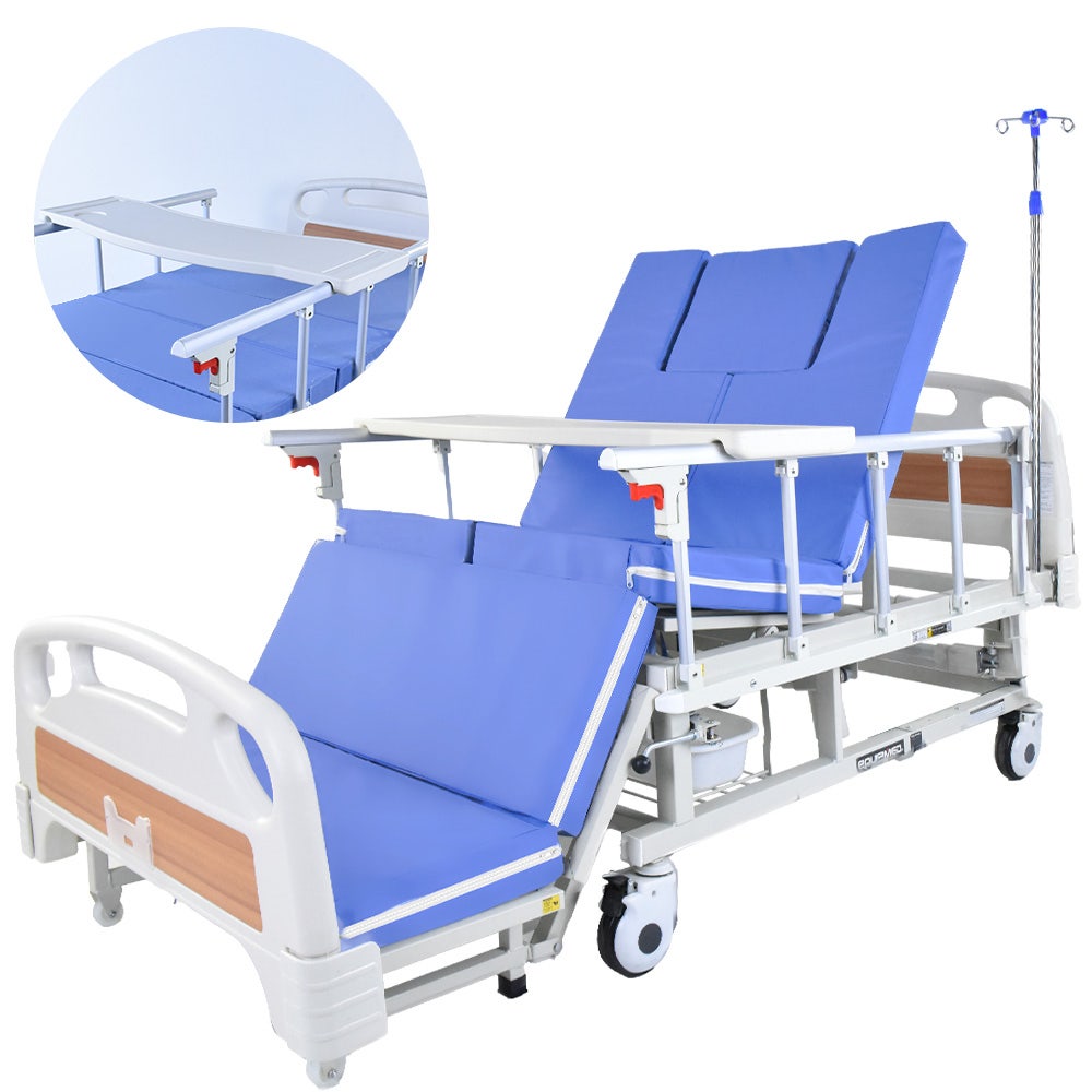 EQUIPMED 7 Function Medical Bed, w/ Mattress & Over Bed Table, Adjustable Back and Leg Lifting, Lateral V219-BNSADBEQM06A