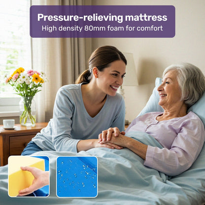 EQUIPMED 7 Function Medical Bed, w/ Mattress & Over Bed Table, Adjustable Back and Leg Lifting, Lateral V219-BNSADBEQM06A