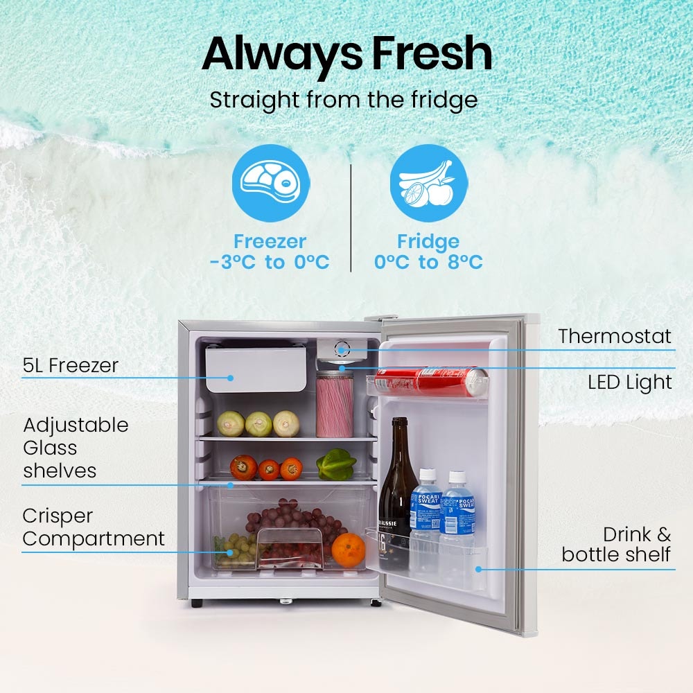 GECKO 70L Portable Bar Fridge and Freezer 12V/24V for Camping, Caravans, Silver V219-CAPFCHGEKA07S