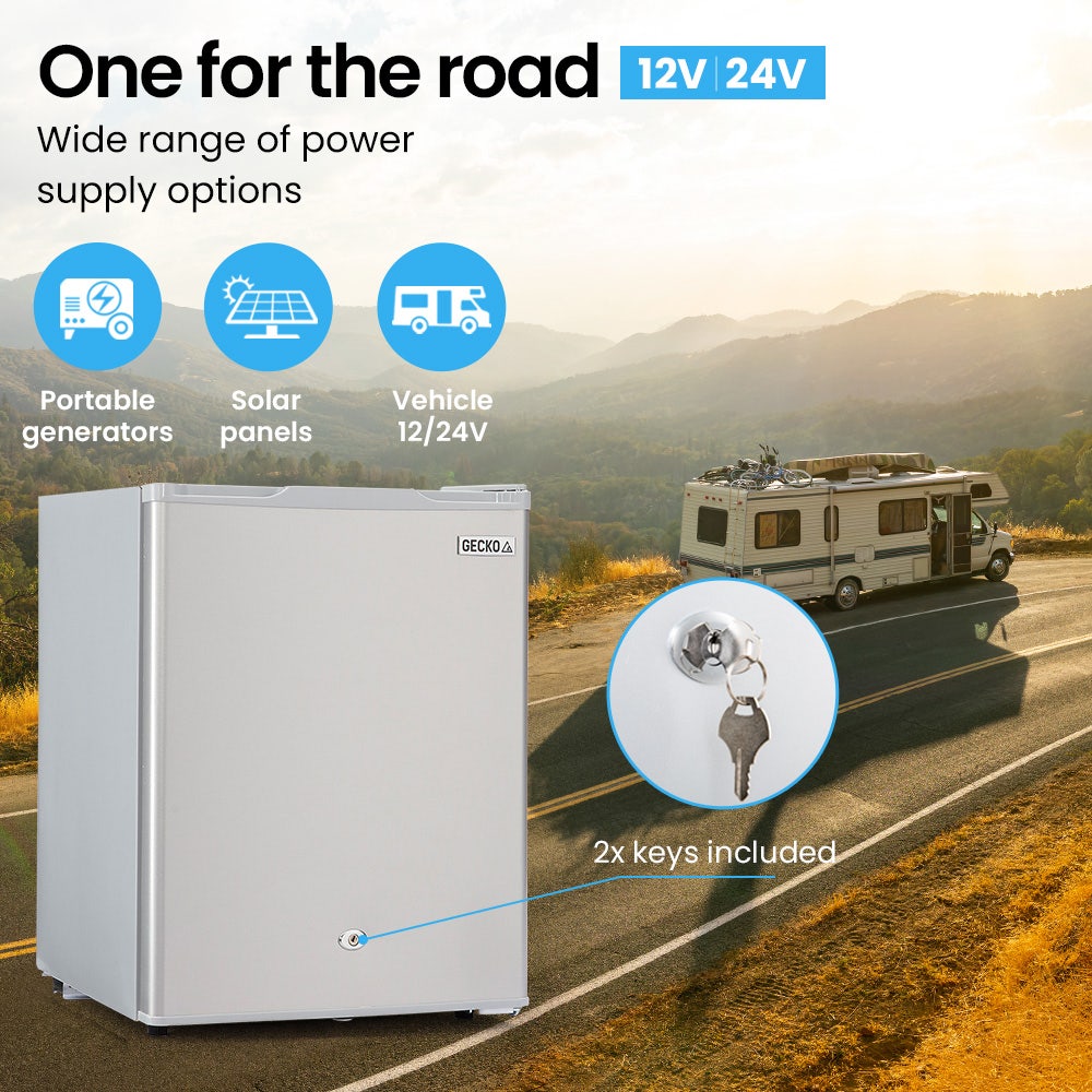 GECKO 70L Portable Bar Fridge and Freezer 12V/24V for Camping, Caravans, Silver V219-CAPFCHGEKA07S