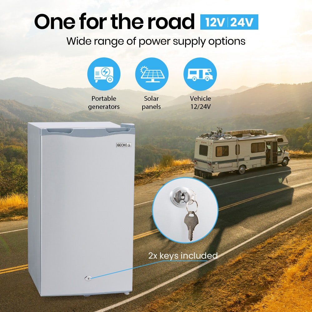 GECKO 95L Portable Upright Fridge and Freezer, 12V/24V for Camping, Caravans, Silver V219-CAPFCHGEKA10S