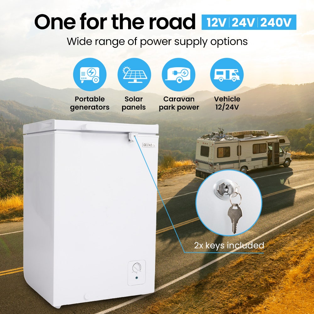 GECKO 100L Portable Chest Freezer, 12V/24V/240V for Motorhome and Caravan, White V219-CMPFRUGK10WA