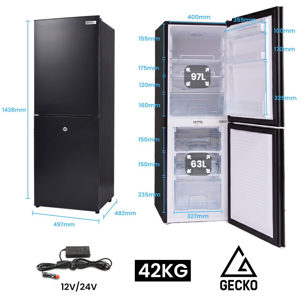 GECKO 160L Upright Portable Fridge / Freezer, 12V/24V for Motorhome, Tiny Home, Off-grid and Caravan, Black