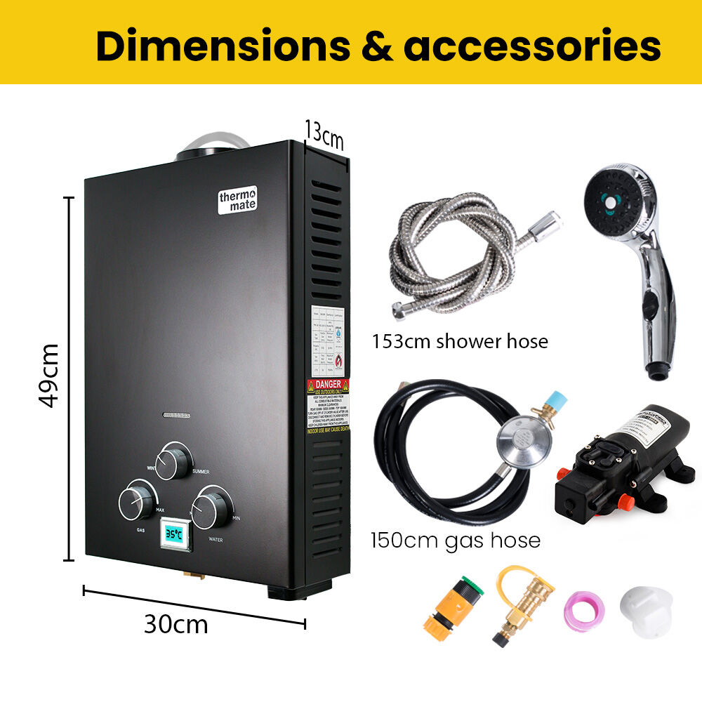 Thermomate Portable Gas Outdoor Camping Hot Water Heater System, with 12V Pump, Shower Head, Black V219-CMPWHTTHBK2A