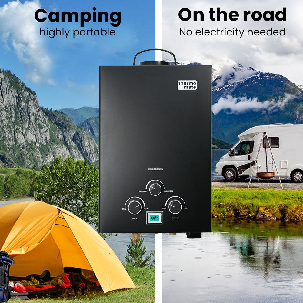 Thermomate Portable Gas Outdoor Camping Hot Water Heater System, with 12V Pump, Shower Head, Black V219-CMPWHTTHBK2A