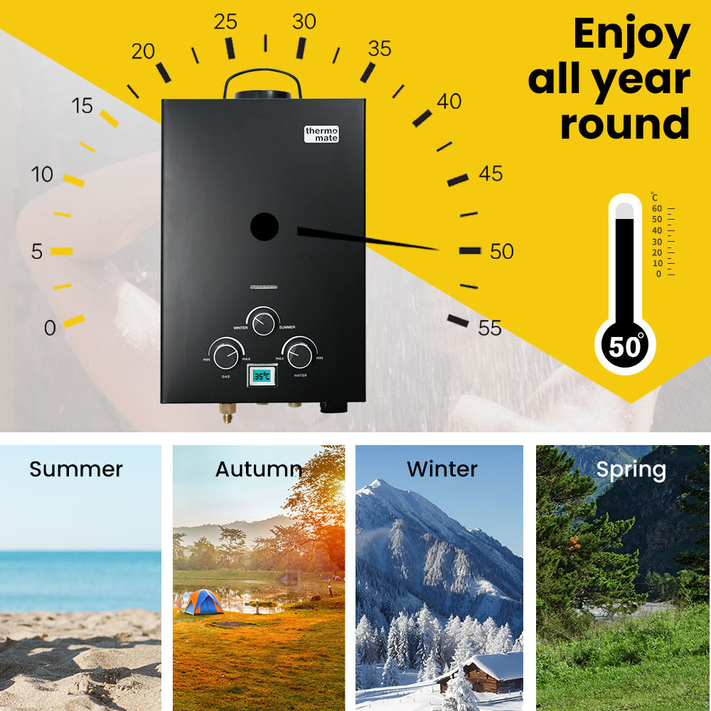 Thermomate Portable Gas Outdoor Camping Hot Water Heater System, with 12V Pump, Shower Head, Black V219-CMPWHTTHBK2A