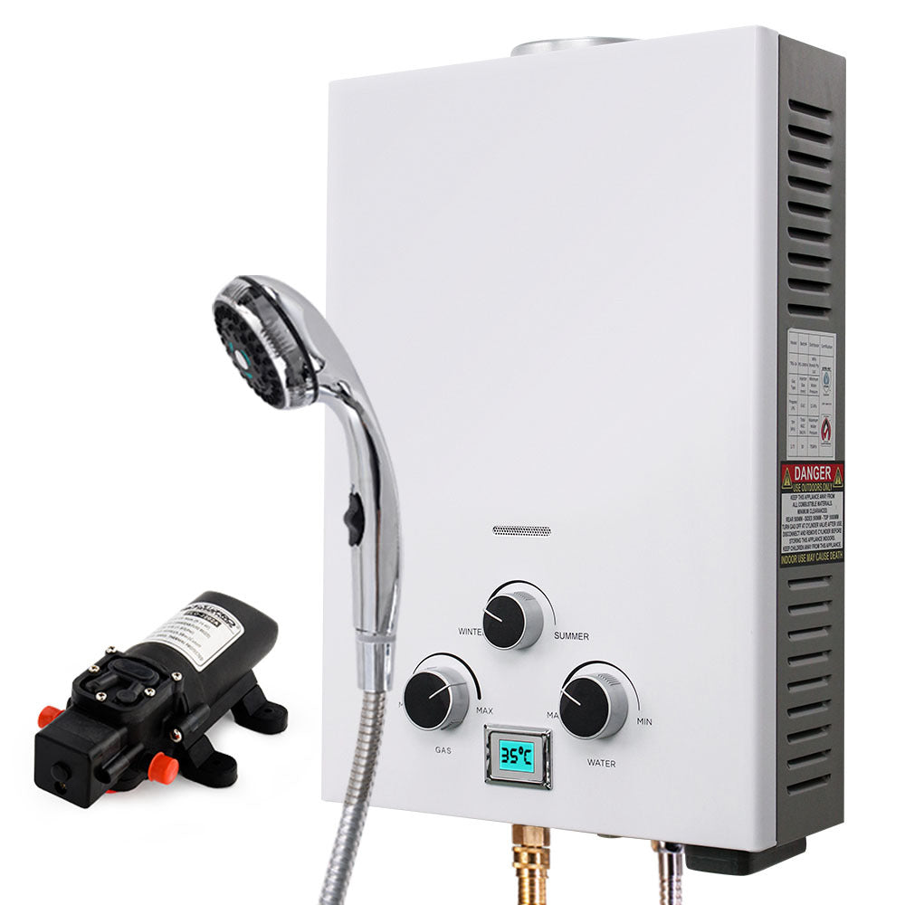 Thermomate Portable Gas Outdoor Camping Hot Water Heater System, with 12V Pump, Shower Head, White V219-CMPWHTTHWT2A