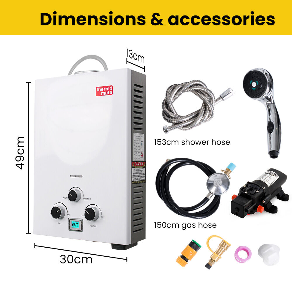 Thermomate Portable Gas Outdoor Camping Hot Water Heater System, with 12V Pump, Shower Head, White V219-CMPWHTTHWT2A