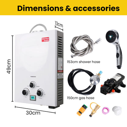 Thermomate Portable Gas Outdoor Camping Hot Water Heater System, with 12V Pump, Shower Head, White V219-CMPWHTTHWT2A