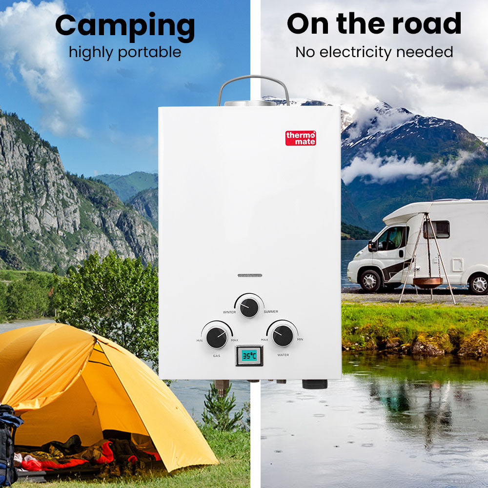 Thermomate Portable Gas Outdoor Camping Hot Water Heater System, with 12V Pump, Shower Head, White V219-CMPWHTTHWT2A