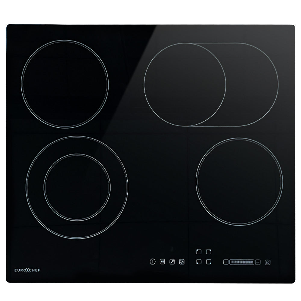 EuroChef 60cm 4 Zone Ceramic Cooktop, 6600W Electric, FlexiZone Adjustable Size Hobs, Touch Controls V219-COKCCTEC641A