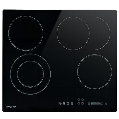 EuroChef 60cm 4 Zone Ceramic Cooktop, 6600W Electric, FlexiZone Adjustable Size Hobs, Touch Controls V219-COKCCTEC641A