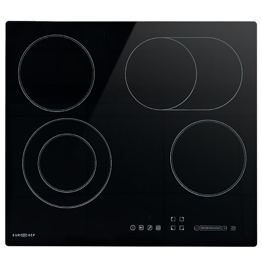 EuroChef 60cm 4 Zone Ceramic Cooktop, 6600W Electric, FlexiZone Adjustable Size Hobs, Touch Controls V219-COKCCTEC641A