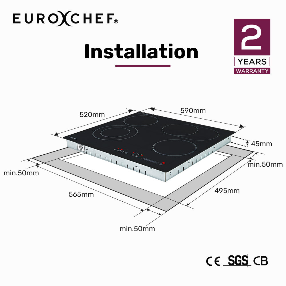 EuroChef 60cm 4 Zone Ceramic Cooktop, 6600W Electric, FlexiZone Adjustable Size Hobs, Touch Controls V219-COKCCTEC641A