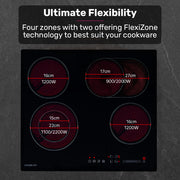 EuroChef 60cm 4 Zone Ceramic Cooktop, 6600W Electric, FlexiZone Adjustable Size Hobs, Touch Controls V219-COKCCTEC641A