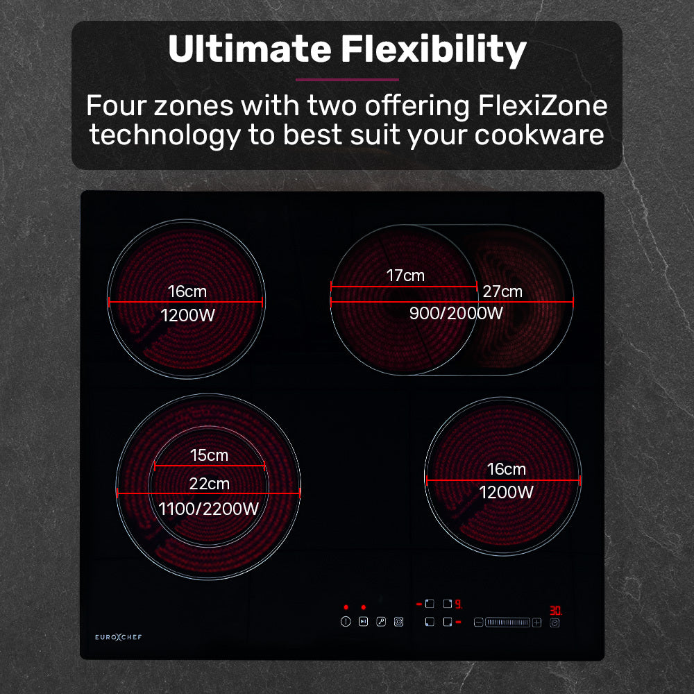 EuroChef 60cm 4 Zone Ceramic Cooktop, 6600W Electric, FlexiZone Adjustable Size Hobs, Touch Controls V219-COKCCTEC641A
