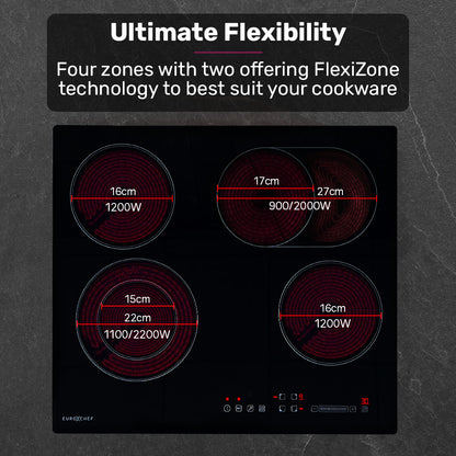 EuroChef 60cm 4 Zone Ceramic Cooktop, 6600W Electric, FlexiZone Adjustable Size Hobs, Touch Controls V219-COKCCTEC641A