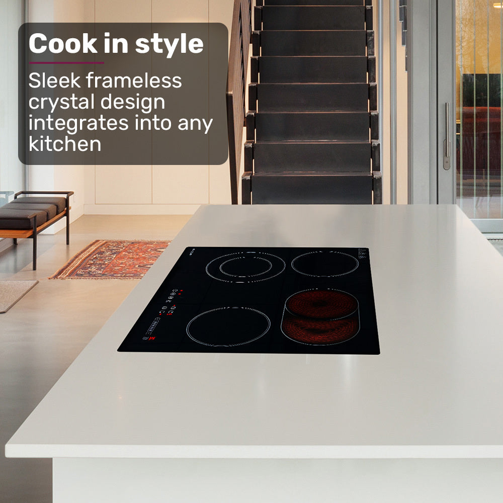 EuroChef 60cm 4 Zone Ceramic Cooktop, 6600W Electric, FlexiZone Adjustable Size Hobs, Touch Controls V219-COKCCTEC641A