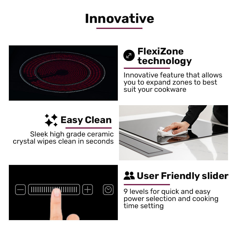 EuroChef 60cm 4 Zone Ceramic Cooktop, 6600W Electric, FlexiZone Adjustable Size Hobs, Touch Controls V219-COKCCTEC641A