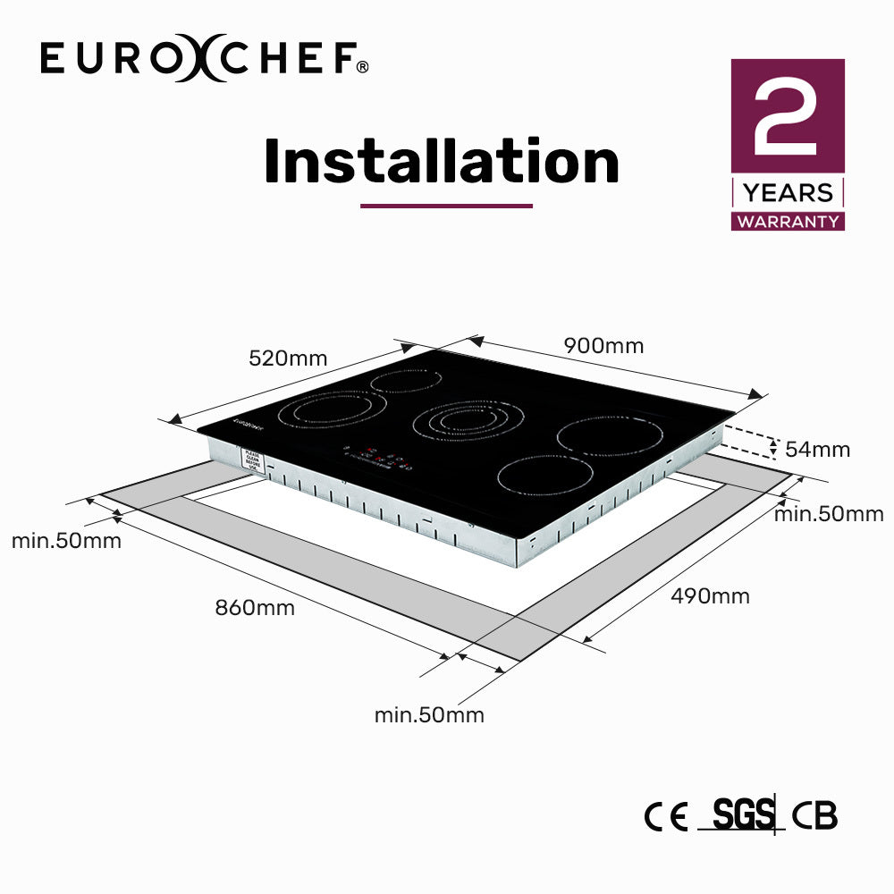 EuroChef 90cm 5 Zone Ceramic Cooktop, 8900W Electric, FlexiZone Adjustable Size Hobs, Touch Controls V219-COKCCTEC951A