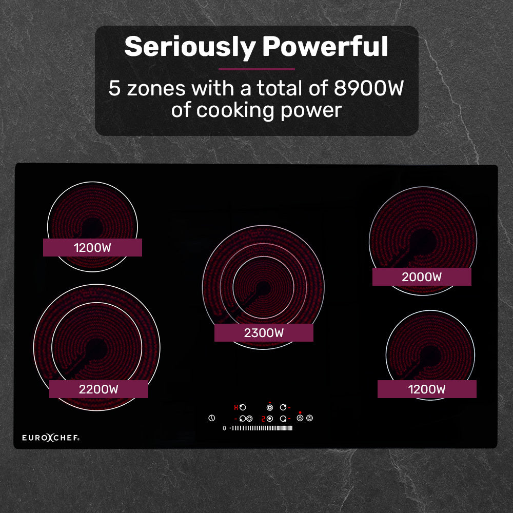 EuroChef 90cm 5 Zone Ceramic Cooktop, 8900W Electric, FlexiZone Adjustable Size Hobs, Touch Controls V219-COKCCTEC951A