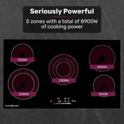 EuroChef 90cm 5 Zone Ceramic Cooktop, 8900W Electric, FlexiZone Adjustable Size Hobs, Touch Controls V219-COKCCTEC951A