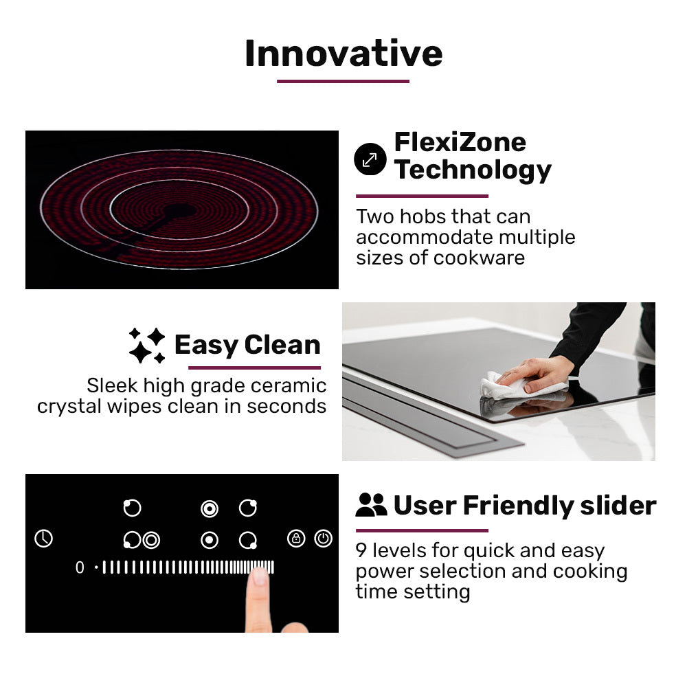 EuroChef 90cm 5 Zone Ceramic Cooktop, 8900W Electric, FlexiZone Adjustable Size Hobs, Touch Controls V219-COKCCTEC951A