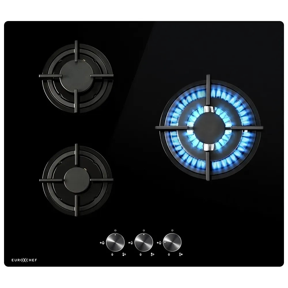EUROCHEF 60cm 3 Burner Gas Cooktop, with Wok Burner, Tempered Glass, Natural Gas & LPG, Black V219-COKGCTEC63KA