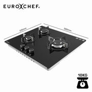EUROCHEF 60cm 3 Burner Gas Cooktop, with Wok Burner, Tempered Glass, Natural Gas & LPG, Black V219-COKGCTEC63KA