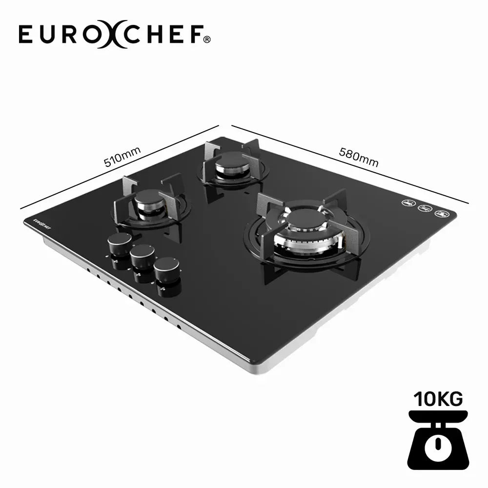 EUROCHEF 60cm 3 Burner Gas Cooktop, with Wok Burner, Tempered Glass, Natural Gas & LPG, Black V219-COKGCTEC63KA