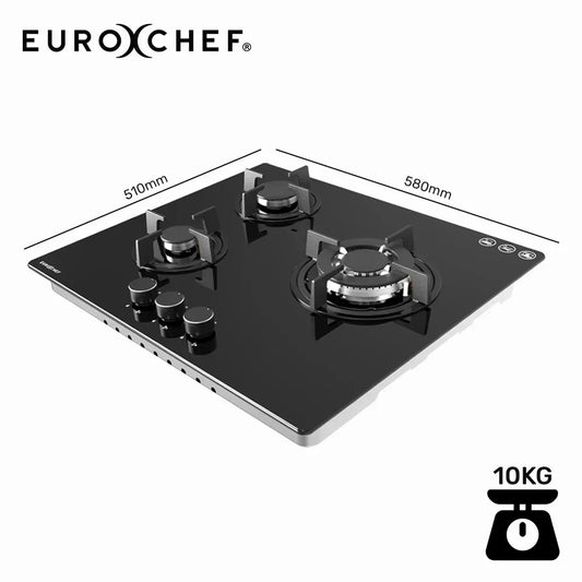 EUROCHEF 60cm 3 Burner Gas Cooktop, with Wok Burner, Tempered Glass, Natural Gas & LPG, Black V219-COKGCTEC63KA