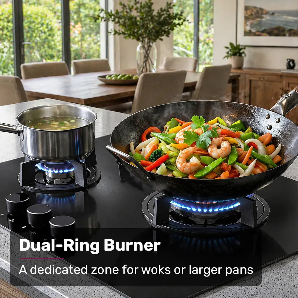 EUROCHEF 60cm 3 Burner Gas Cooktop, with Wok Burner, Tempered Glass, Natural Gas & LPG, Black V219-COKGCTEC63KA