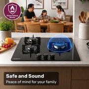 EUROCHEF 60cm 3 Burner Gas Cooktop, with Wok Burner, Tempered Glass, Natural Gas & LPG, Black V219-COKGCTEC63KA